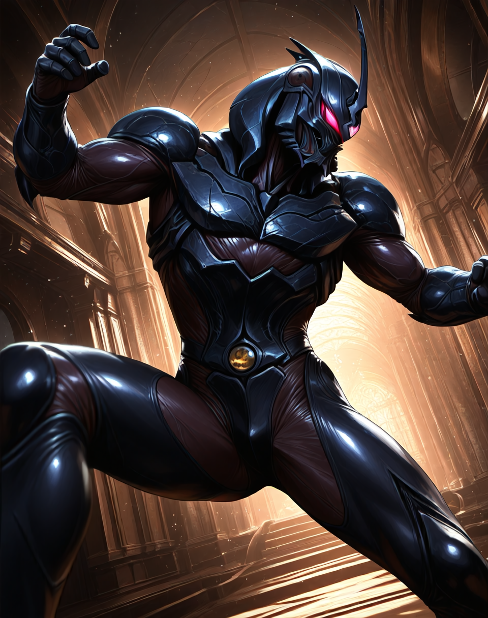 perfect depth of field shot, masterpiece, beautiful, sharp focus, crisp details,
<lora:Dark_Hero_(Guyver)_(Illustrious)_(AD):1> Dark_Hero, Guyver, bioboosted armor, 
((exterior, science fiction, high science fiction, action anime style background, dark spaceship interior, photographic realism, 8K CGI render, 
dynamic action, dynamic perspective, dutch angle, bent knee, cowboy shot,
male focus, gradient style anime coloring, strong, fighting scene, solo, ):1.5), 
EZRealPONYXL, zPDXL, Smooth Quality, lazynsfw,