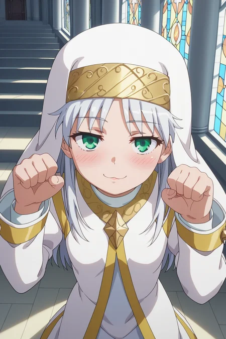 score_9, score_8_up, score_7_up, source_anime, 1girl, prefect lighting, very aesthetic, intricate details, highly detailed background, masterpiece, high quality, prefect hands, best quality, solo,
<lora:Index_Librorum_Prohibitorum_A_Certain_Magical_Index_V1:.85>, KJOindex, white hair, green eyes,
nun, nun headdress, gold trim, safety pins,
From above, :3, heavy blush, paw pose, smug, looking at viewer, cat face,
church, white pillars, giant window,
(Beautiful, small Breasts:1.2), natural breasts,