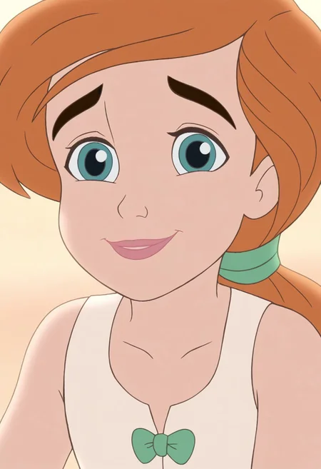 close up,melody,aqua eyes,orange hair, ponytail,pink lips,smile,thick eyebrows,arms down,white undershirt,sleeveless,green bowtie,green hairband,white pantalettes,beach background