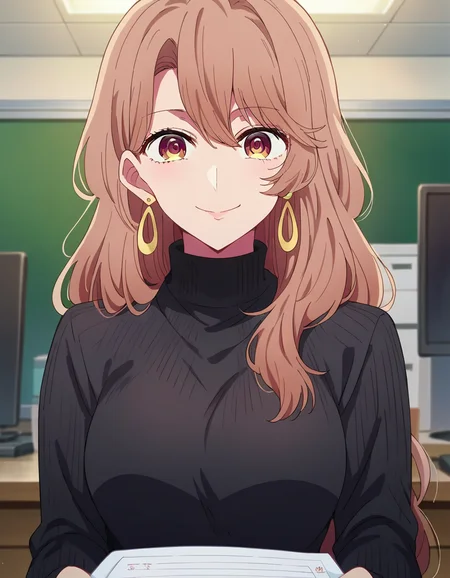 score_9, score_8_up, score_7_up, source_anime,
miyakosaitou, <lora:miyako-saitou-s1-ponyxl-lora-nochekaiser:1>,
miyako saitou, long hair, brown hair, brown eyes,
jewelry, earrings, sweater, turtleneck, hoop earrings, black sweater,
indoors, office, smile,
looking at viewer, dutch angle, cowboy shot,