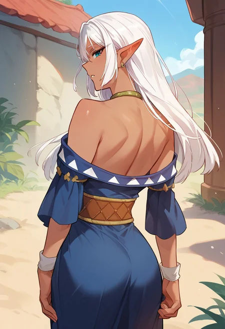 zPDXL3, score_9_up, score_8_up, score_7_up, (Anime_source), 1girl, Felecia, Elf, blue eyes, white hair, long hair, dark-skinned female, desert clothes, looking back, cowboy shot, looking at viewer, parted lips