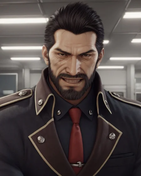 score_9, score_8_up , score_8 , score_7_up, source_anime,1boy,solo,Heidegger, short hair, facial hair, wrinkles, mature male, black suit, red tie, officer's coat,looking at the audience,male focus,(front view: 1.4),office,Standing, <lora:Heidegger:0.8>,<lora:X3dCE_V2:0.6> X3dCE, 3d,evil smile,