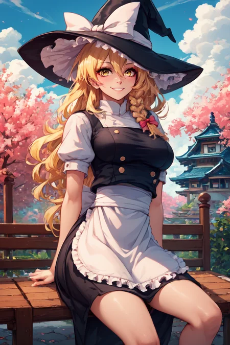 score_9, score_8_up, score_8, medium breasts, (curvy), cute, eyelashes, ,,, , <lora:KirisameMarisaTouhouIXL:1.0>, zzMarisa, yellow eyes, hair between eyes, blonde hair, hair bow, long hair, very long hair, single braid, bow, braid, hat, witch hat, waist apron, short sleeves, black headwear, puffy sleeves, puffy short sleeves, hat bow, apron , BREAK, sitting on bench, side view, smile, looking at viewer, cowboy shot, ,,, BREAK, pnkBldng, sky, day, cloud, tree, blue sky, building, architecture, east asian architecture, ,,, BREAK, embedding:zPDXL, Expressiveh, ,,, <lora:PinkBuildingsPDXL_v2:0.6>, <lora:SDXLFaeTastic2400:0.5>, <lora:Expressive_H-000001:0.4>