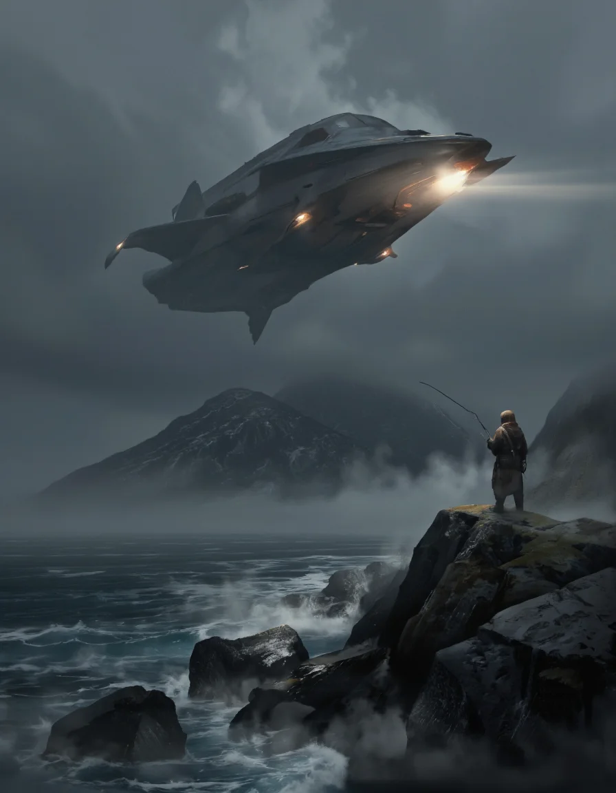 QuantumZ. A dramatic digital illustration shoot from a low angle, depicting a dramatic scene depicting a fisherman standing on a rocky cliff overlooking a vast expanse of water and mountains under a stormy sky. in the foreground, a lone fisherman stands with his back to the viewer, wearing a hooded cloak and carrying a fishing rod, looking up at a large, futuristic spaceship hovering in the air above him. the spaceship has a sleek, aerodynamic design with a pointed nose and a pointed tail, emitting a bright, glowing light that illuminates the surrounding landscape. the fisherman is positioned on the right side of the image, facing away from the camera, with his full body visible from the viewer. the scene is set against a dark, foggy landscape with mountains in the distance, and the water is turbulent with turbulent waves crashing against the rocks. the sky is filled with dark, ominous clouds, adding to the dramatic atmosphere of the scene.