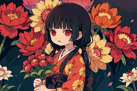 enma ai, hair down, hair black, bangs, eyes red, masterpiece, best quality, ultra-detailed, illustration, 1girl, solo, highres, photorealistic, ultra high res, (Original illustration composition), (fusion of limited color,Maximalism artstyle, kimono obi fashion, double exposure, background, illustration, Amazing, lily spider, night darkness, open one's mouth, finger, bouquet flowers red, low twintails, (polychromatic peony:1.15), Movie poster,