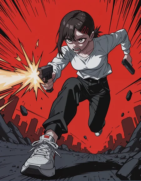 incredibly absurdres, masterpiece, absurdres, high quality,7A3IFRHPR_illu, <lora:hwm4to7A3IFRHPR:1>,higashiyama kobeni, Anime style, stylized character, firing,dynamic action, white shirt, dark pants, sneakers, spiky black hair, red background,running, dynamic composition, holding glock, aggressive expression, sharp angles, cartoon aesthetics, urban youth, dramatic lighting, high contrast, digital illustration, vector art style, bold colors, action-packed scene,abstract element,