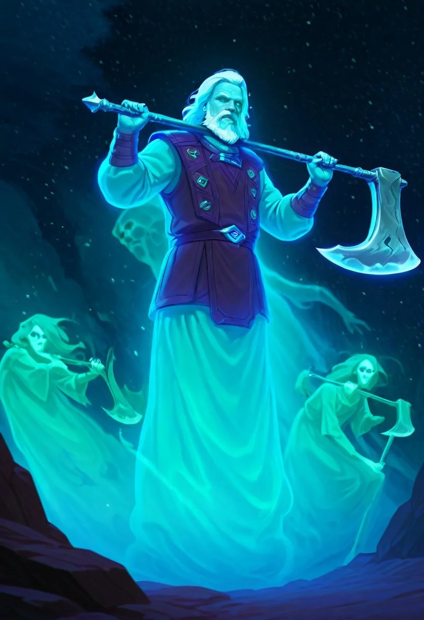 safe_pos, masterpiece, best quality, newest, absurdres, highres, anime, anime style, 1boy, Ghost-SFW/NSFW-IL.V1.0, ghost, holding weapon, axe, holding axe, beard, male focus,
