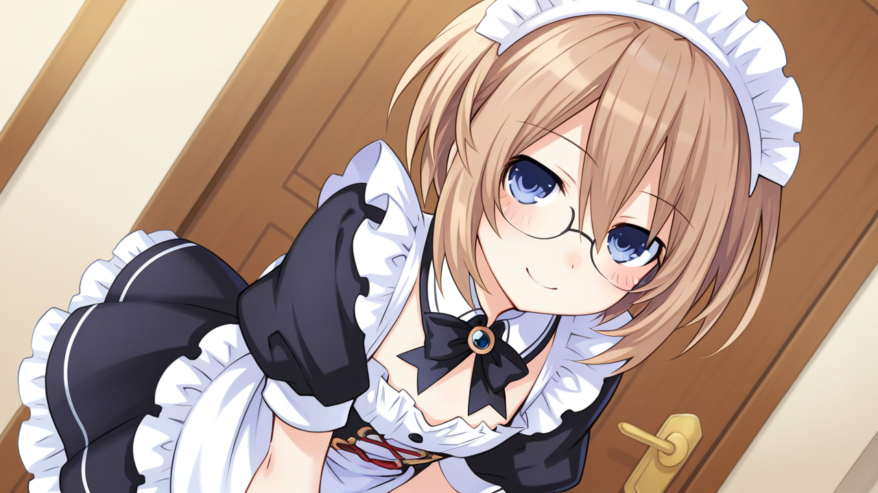 solo, glasses, smile,, masterpiece, best quality, amazing quality, very aesthetic, absurdres, newest, anime screencap, <lora:blancILM:1>, blanc (neptunia), blue eyes, blush, flat chest, brown hair, short hair, tsunako,, maid, maid apron, frills, frilled dress, black dress, maid headdress, modern house,