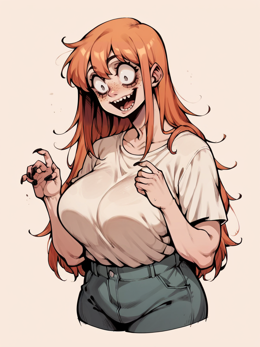 score_9, score_8_up, score_7_up, score_6_up, score_5_up, score_4_up, long hair, curvy, large breasts, 1girl, plump, ginger hair,  <lora:cr33pyXLP:0.8> cr33py, bones, spooky, creepy
