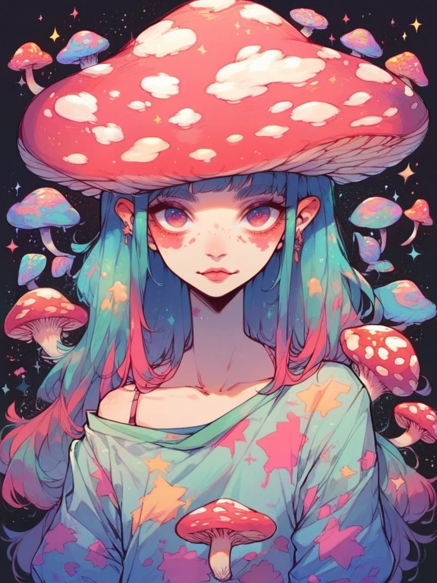 score_9, score_8_up, score_7_up, score_6_up, mushg4l, 1girl, colourful, trippy, mushroom on head, <lora:mushg4lXLP:0.8>