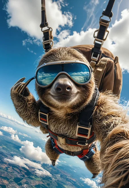 cinematic photo, selfie view, A sloth with a pair of goggles on, skydiving with a harness and backpack, taking a selfie shot, the background is a clear blue sky with some clouds and the earth below indicating high altitude, <lora:MJ52:0.4>, <lora:SDXLFaeTastic2400:0.4>, <lora:CinematicStyle_v1:1>