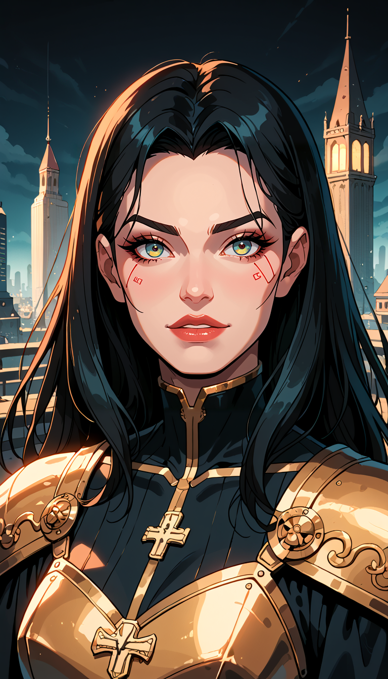 score_9, score_8_up, score_7_up, Western Comics, Portrait, girl, gothic, cute, seductive, innocent, light smile:0.3, plump lips, slender body, dark tones, dramatic lighting, high contrast, medieval theme, gold ornate, mysterious, detailed armor, cyberpunk elements, cityscape, atmospheric, dark mood, haunting beauty, sharp shadows, textured, gold embedded, depth of field, dynamic angle, fashion photography, sharp, hyperdetailed:1.15