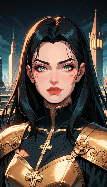 score_9, score_8_up, score_7_up, Western Comics, Portrait, girl, gothic, cute, seductive, innocent, light smile:0.3, plump lips, slender body, dark tones, dramatic lighting, high contrast, medieval theme, gold ornate, mysterious, detailed armor, cyberpunk elements, cityscape, atmospheric, dark mood, haunting beauty, sharp shadows, textured, gold embedded, depth of field, dynamic angle, fashion photography, sharp, hyperdetailed:1.15