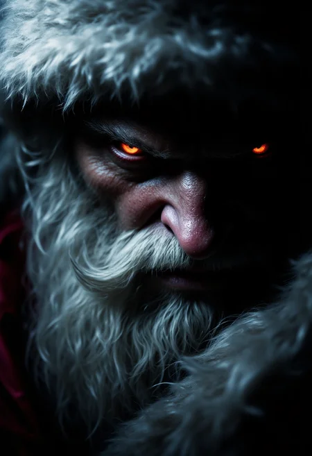 A Santa Claus in a dramatic, chiaroscuro-style close-up portrait, his expression is evil and mysterious, his eyes seeming to hold untold secrets. Deep shadows obscure his face. His crimson hatâs fur trim is faintly visible against the darkness.