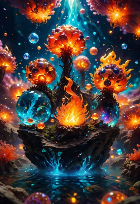 a tiny microverse inside an opal marble, tiny organisms, unexplored ecosystem, cute small critters, sparks, glowing balls of fire floating in the water