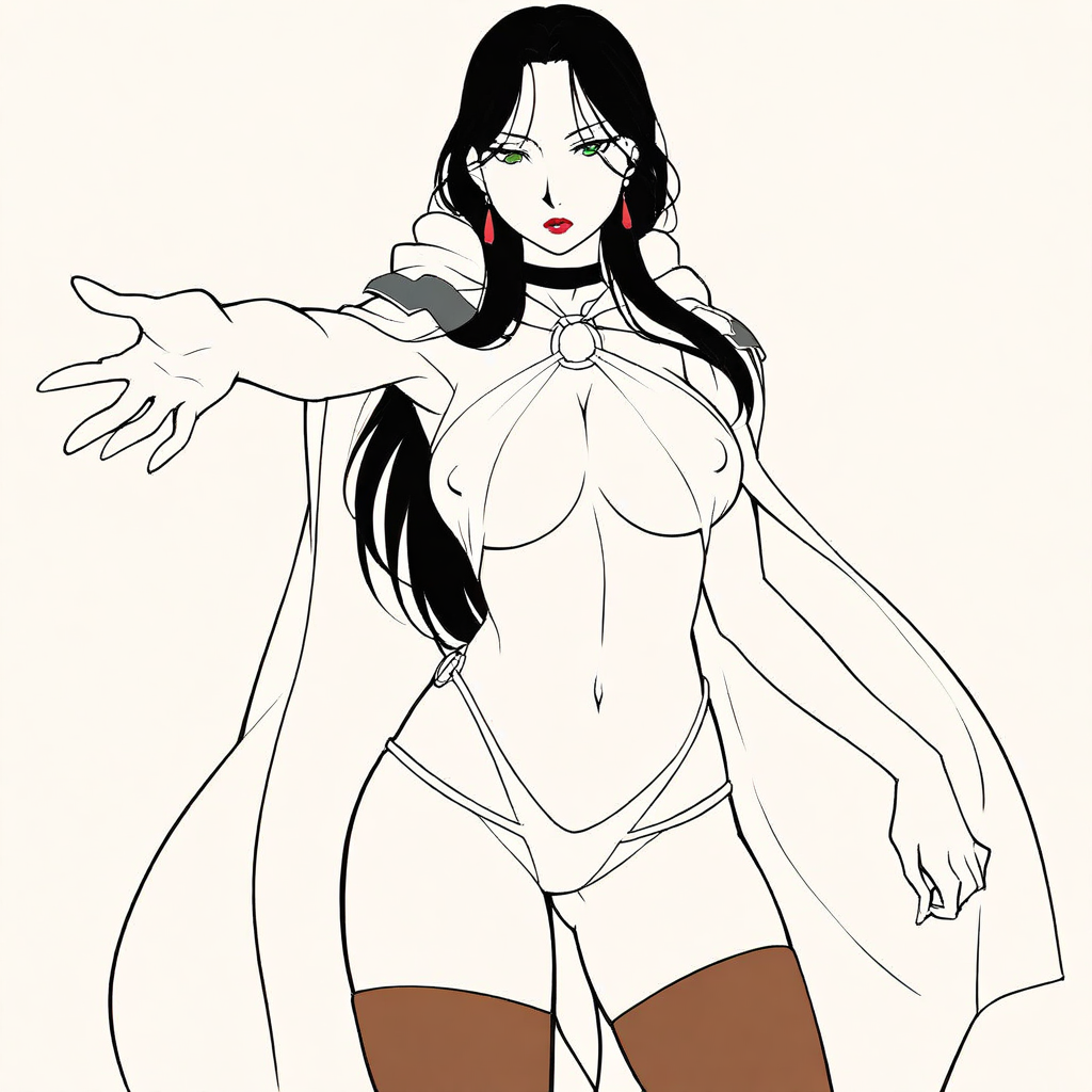 Masterpiece,best quality,limited color palette,lineart,vector art,1girl, solo, cowboy shot, (F4L4NG13S), long hair, black hair, green eyes, armpits, large breasts, cleavage, covered nipples, hood, large breasts, red lips, makeup, navel, thighhighs, sandals, toeless legwear, o-ring, looking at viewer, outstretched arm, large breasts, milf, black choker, simple background,