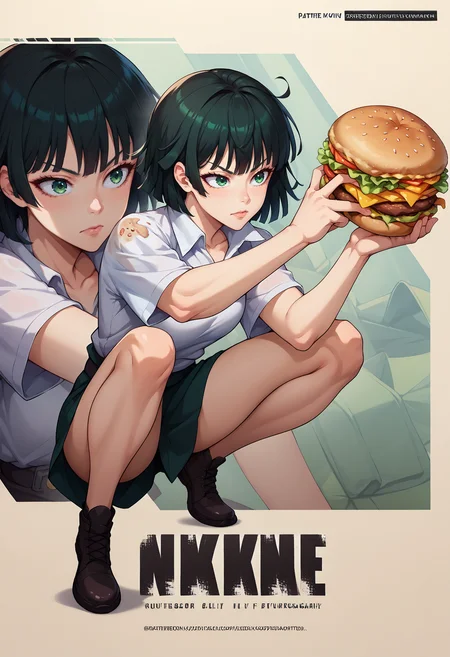score_9, score_8_up, score_7_up, source_anime, BREAK <lora:EPopmFubukiPony-04:1> , 1girl, EPopmFubuki, black hair, short hair, green eyes,
<lora:NikkeProfileV2_XLPD:1>, full body, zoom layer, on one knee, holding hamburger, holding, hamburger,