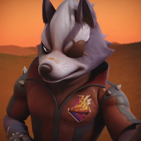 score_9_up, score_8_up, score_7_up, high quality, detailed, source_furry, male, solo male, 1boy, Wolf O’Donnell, broad shoulders, mature male, red eyes, athletic build, animal ears, wolf, scruffy, anthro, anthro male, gray fur, eyepatch on left eye, looking at viewer, one hand on hip, outdoors, sunset, half-body shot, black and red jacket, brown shirt, black pants