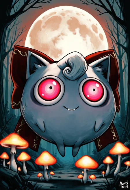 masterpiece, best quality, no humans,  zzJigs, glowing pink eyes, subtle smile, tilted head, oversized bow, soft shadows, eerie moonlight, dark mist, silent forest background, glowing mushrooms, levitating slightly, floating hair tufts, faint sparkles in the air, soft glow from within, surreal atmosphere, quiet tension, horror-cute aesthetic  Beneath a pale full moon, zzJigs floats silently above a forest floor scattered with glowing mushrooms. Her eyes shimmer with an otherworldly light, her smile calm but uncanny. The mist coils around her tiny form as if obeying her presenceâtoo quiet, too still, like the world is holding its breath.  <lora:JigglypuffPokedex_IXL:1.0>,   <lora:NightmareDex_IXL:1.0>,