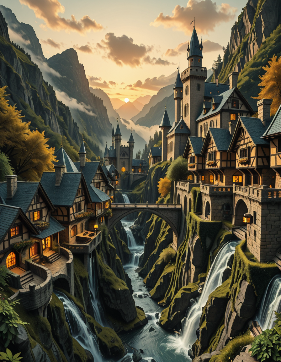 A breathtaking medieval fantasy city nestled in a lush valley, surrounded by towering mountains and dense forests. A grand castle with multiple towers and turrets stands atop a hill, overlooking the town below. The city consists of charming half-timbered houses with glowing windows, perched on rocky cliffs and connected by stone bridges over cascading waterfalls. The river flows through the village, reflecting the warm golden lights of lanterns and torches. Ivy and moss grow over the stone walls, adding to the enchanted, ancient atmosphere. The background features misty mountains with additional fortresses and watchtowers, partially hidden by low-hanging clouds. The sky is illuminated by a soft, warm sunset, casting a golden glow on the scenery, creating a perfect blend of realism and fantasy. Highly detailed, cinematic, and immersive, with a magical, fairy-tale ambiance.
<lora:SDXLFaeTastic2400:0.4> <lora:extremely_detailed:0.4> extremely detailed, ,medieval f4nt4sy c1ty <lora:medieval_f4nt4sy_c1ty-i:1>, Masterpiece,best quality,hi res,8k,hi res,8k,award winning,(sharp focus, intricate, highly detailed),
