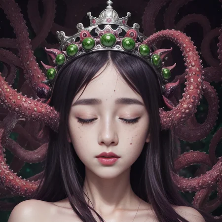 japanese line art , High detail, high definition, and highly detailed masterpiece. Double exposure of ( 1 young girl eyes closed with black freckles all over her body, crown made of eyes) and (purple red and green tentacles). Mystical, luminist atmosphere. In the style of takato yamamoto, red full moon on background , <lora:takma2:1.2>