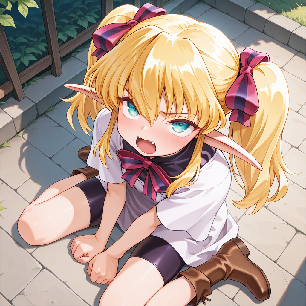 1girl,solo,<lora:IL_Collet_Brause_Pastel_Chime:1>,pc_cb,Collet Brause,elf,pointy ears,blonde hair,twintails,hair ribbon,sidelocks,
dutch angle,foreshortening,fantasy,looking at viewer,side glance,outdoors,
bowtie,bike shorts,school dress,brown boots,
embarrassed,wariza,clenched hand,a little angry,cute fangs,looking up,upturned eyes,, masterpiece,best quality,amazing quality,very aesthetic,absurdres,