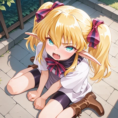 1girl,solo,<lora:IL_Collet_Brause_Pastel_Chime:1>,pc_cb,Collet Brause,elf,pointy ears,blonde hair,twintails,hair ribbon,sidelocks,
dutch angle,foreshortening,fantasy,looking at viewer,side glance,outdoors,
bowtie,bike shorts,school dress,brown boots,
embarrassed,wariza,clenched hand,a little angry,cute fangs,looking up,upturned eyes,, masterpiece,best quality,amazing quality,very aesthetic,absurdres,