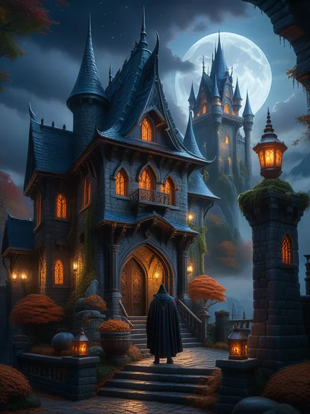 <lora:SS02ImpressionisticPainting_Hap_XL:1>,Thomas Kinkade style, A dark and eerie castle with high towers and spooky surroundings. Raju stands bravely at the entrance, ready to face the witch., Miki Asai Macro photography, close-up, hyper detailed, trending on artstation, sharp focus, studio photo, intricate details, highly detailed, by greg rutkowski