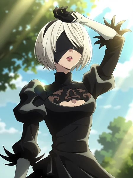 <lora:2B_v6:0.7>, 2b (nier:automata), 1girl, solo, white hair, short hair, mole under mouth, lips, juliet sleeves, black hairband, cleavage cutout, feather-trimmed sleeves, black blindfold, white sleeves, black gloves, black dress, blurry background, outdoors, sky, tree, sunlight, sunbeam, cloud, light rays, arm up, upper teeth only, parted lips, upper body, looking ahead
