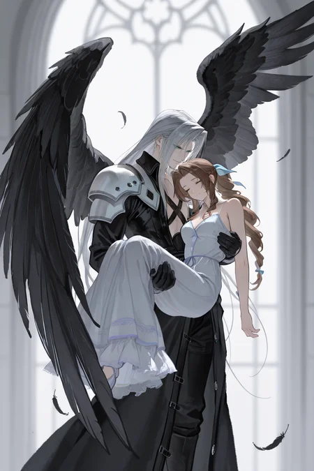 masterpiece, best quality, very aesthetic, newest, absurdres, highres,
<lora:YuYuHuadiaoIllustriousV1:1> yuyuhuadiao,
1girl, 1boy, dress, ribbon, wings, feathers,  feathered wings, carrying, black wings,  princess carry, single wing, carrying person, falling feathers, aerith gainsborough, sephiroth, grey theme, grey blurry background,