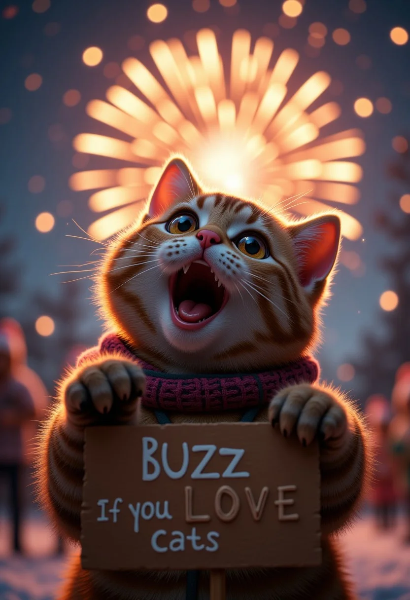 A cute cat, watching some fireworks with an over the top shocked facial expression, holding a sign  it says "Buzz If You Love Cats!", realistic, cinematic shot, head tilted back, large eyes, pointing at the viewer, winter,
