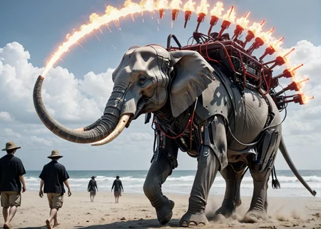 <lora:Electric Alien - Trigger is ElectAlien Artstyle:1> electalien artstyle elephant, Film still from a new movie about a group of people on a safari. is seen riding on an elephant. the scene takes place in beach front sidewalk., explosion artstyle, <lora:Blow It Up - (Trigger words are Explosion Artstyle) :.6>