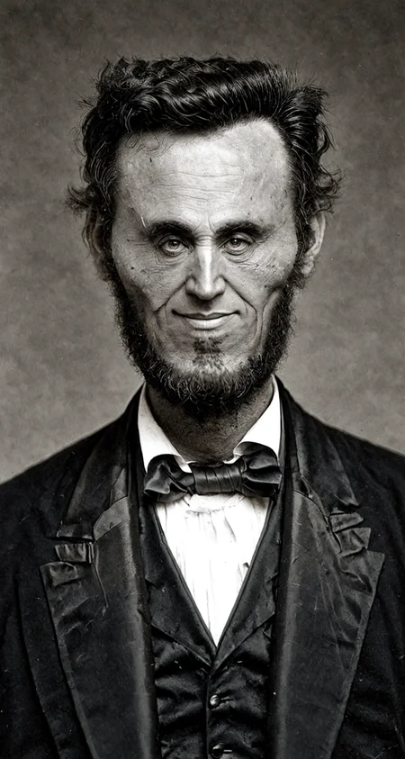 black and white vintage smallfaced black and white (daguerreotype:1.5) portrait of abraham lincoln with a (tiny face:1.2)