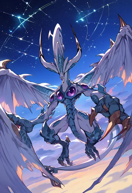 score_9,score_8_up,score_7_up,source_anime,zPDXL3,space,night,night sky,star (sky),sky,starry sky,galaxy,constellation,flying,
*//*,<lora:StardustDragon_Pony:1>,stardustdragon_ygo,no humans,solo,duel monster,dragon,wings,tail,claws,horns,
*//*,looking at viewer,cowboy shot,dutch angle,