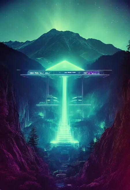 ()Hyoer Realistic:2.0)Polaroid picture 
an image of 
A futuristic, neon-lit (Appalachian mountain range, transformed into a utopian resort.:1.78) Towering skyscrapers and sleek, curved architecture blend seamlessly with the natural landscape. Holographic waterfalls cascade down the sides of mountains, while levitating walkways connect the peaks. The air is clean and fresh, filled with the sweet scent of blooming flora. In the distance, a massive, glowing portal pulses with energy, connecting the resort to other dimensions. The atmosphere is one of serenity and wonder, as people from all walks of life come to marvel at this technological marvel.