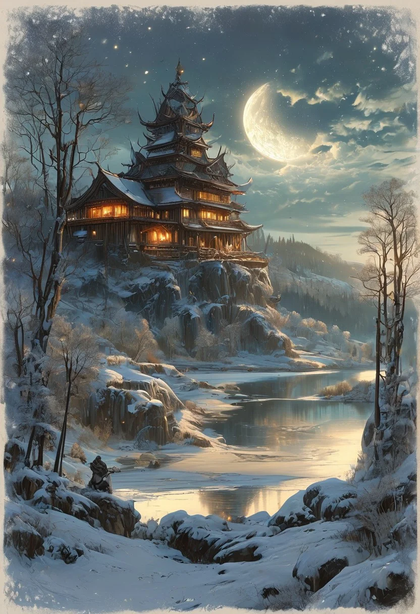 A captivating night scene illustration featuring a grand WOODEN viking long house standing tall on a large snowy hill overlooking a lake. The beautiful viking longhouse adorned with some windows, emits a warm glow, highlighting its incredible craftsmanship. The snowy  hill is covered in great pine trees, reflecting on the calm, moonlit snow  that mirrors the silvery moonlight. The full moon graces the sky, casting an ethereal glow on the clouds and mountain, while wispy clouds partially obscure its brilliance, adding to the scene's mystique. Twinkling stars dot the sky, creating a celestial tapestry that harmonizes with the moon's radiance. This enchanting artwork captures a serene and peaceful night, where the illuminated WOODEN viking longhouse stands resolute amidst the celestial beauty, creating a cinematic experience., illustration, cinematic
<lora:DonM3t3rn1tyXL-v1.1:0.7>, DonM3t3rn1tyXL,
OverallDetailXL  <lora:MJ52:0.3>  <lora:SDXLFaeTastic2400:0.4>  <lora:EpicF4nta5yXL:0.7>