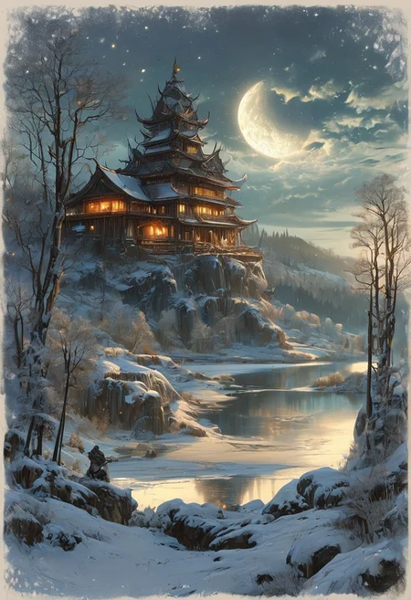 A captivating night scene illustration featuring a grand WOODEN viking long house standing tall on a large snowy hill overlooking a lake. The beautiful viking longhouse adorned with some windows, emits a warm glow, highlighting its incredible craftsmanship. The snowy hill is covered in great pine trees, reflecting on the calm, moonlit snow that mirrors the silvery moonlight. The full moon graces the sky, casting an ethereal glow on the clouds and mountain, while wispy clouds partially obscure its brilliance, adding to the scene's mystique. Twinkling stars dot the sky, creating a celestial tapestry that harmonizes with the moon's radiance. This enchanting artwork captures a serene and peaceful night, where the illuminated WOODEN viking longhouse stands resolute amidst the celestial beauty, creating a cinematic experience., illustration, cinematic
<lora:DonM3t3rn1tyXL-v1.1:0.7>, DonM3t3rn1tyXL,
OverallDetailXL <lora:MJ52:0.3> <lora:SDXLFaeTastic2400:0.4> <lora:EpicF4nta5yXL:0.7>