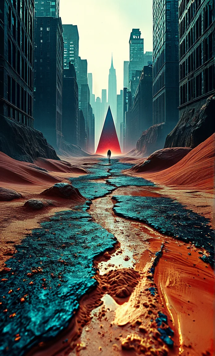 Analog image, Highly detailed and dramatic digital artwork from the game Control, the nail ,of the surface of a desolate world, observing an immense alien black obsidian monolith that is emitting an eerie, pulsating light. cinematic. still, artistic.(elaborate fine details:1.1), (hyperdetailed:1.1), (intricate details:1.0), (Refined details:1.1), (best quality:1.1), (high resolution:1.2), (saturated colors:1.4), cityscape, new york. (legs visible :1.6),
 Blue and Red geometry, geometric gradients, deep rich gold red blue colors , (red sands being picked up by winds:1.4)
<lora:add-detail-xl:2>     <lora:100_nvcmsdx_a:1>  <lora:MJ52:1> <lora:Flux-style-xl-lora:0.6>