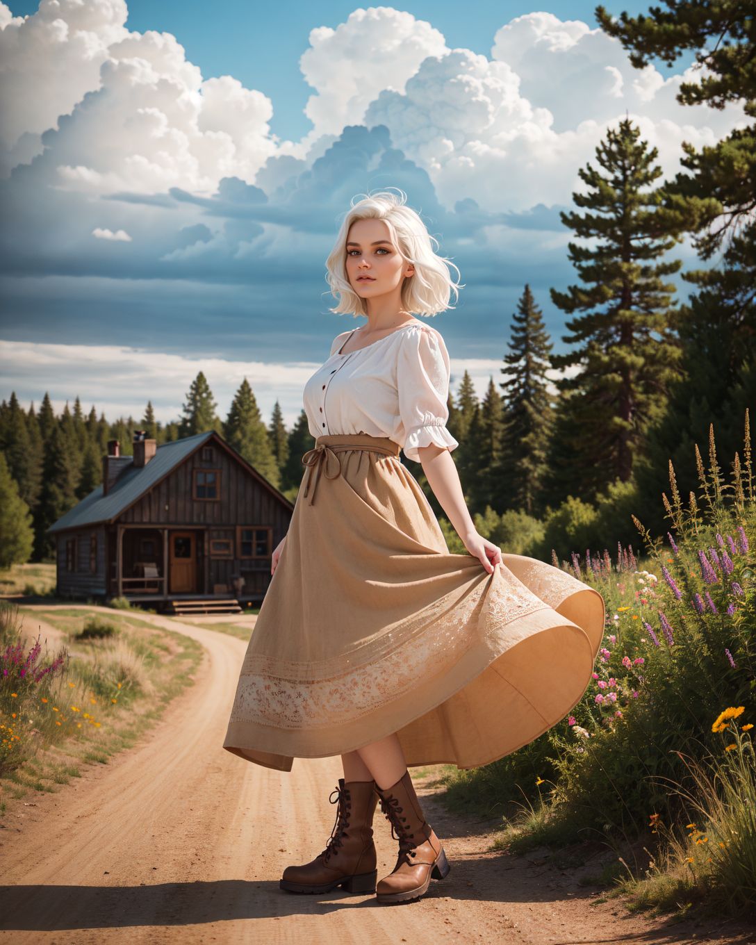 (macro shot:1.4), (Sn0frid_v1, white hair:1.3),  medium bosom, (style of Dorothea Lange) rugged frontier homestead woman, 1800s Montana, linen blouse, long skirt, apron, practical sturdy boots, earthy tones, natural fibers, rustic charm, sepia-toned aesthetic, arid golden prairie, wooden cabin, wildflowers, cracked soil, farm tools, weathered textures, sun-dappled lighting, determined expression, confident pose, wind-tousled hair, (dramatic clouds:1.2), vast open landscape, vintage authenticity, pioneering spirit ,