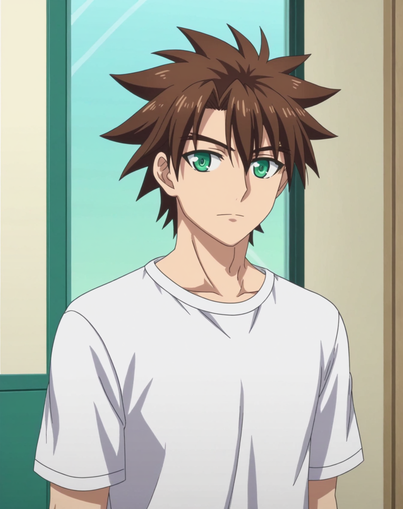 score_9, score_8_up, source_anime, anime screencap, original style, depth of field, BREAK, rating_safe, 1boy, solo, male focus, mature male,<lora:toujou_basara_pony:1>, toujou_basara_pony, brown hair, green eyes, short hair, hair between eyes, bangs,  spiked hair, cowboy shot, shorts, white shirt,  expresionless, standing, looking at viewer, facing viewer, <lora:sdxl_lightning_8step_lora:1>