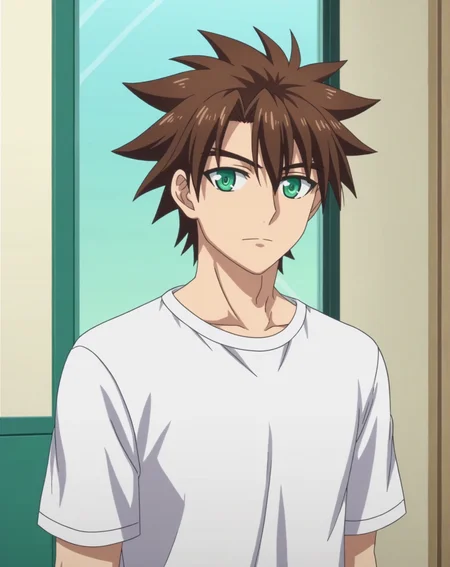 score_9, score_8_up, source_anime, anime screencap, original style, depth of field, BREAK, rating_safe, 1boy, solo, male focus, mature male,<lora:toujou_basara_pony:1>, toujou_basara_pony, brown hair, green eyes, short hair, hair between eyes, bangs, spiked hair, cowboy shot, shorts, white shirt, expresionless, standing, looking at viewer, facing viewer, <lora:sdxl_lightning_8step_lora:1>