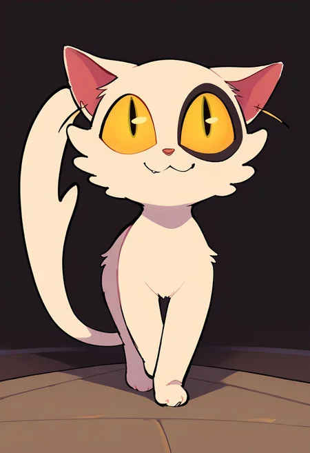 score_9, score_8_up, score_7_up, score_6_up, score_5_up, score_4_up, solo, feral, cat, white fur, white cat,yellow eyes, smug, walking