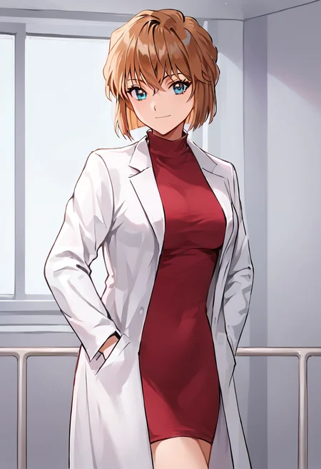 miyano_shiho, brown hair, blue eyes, short hair, medium breasts,labcoat, red dress, dress,
BREAK
indoors, hospital background, day
BREAK
cowboy shot, looking at viewer, standing,closed mouth, sexy smile, flirty, hands on pocket
BREAK
score_9, score_8_up, score_7_up, source_anime ,zPDXL, <lora:Miyano_Shiho:0.8>