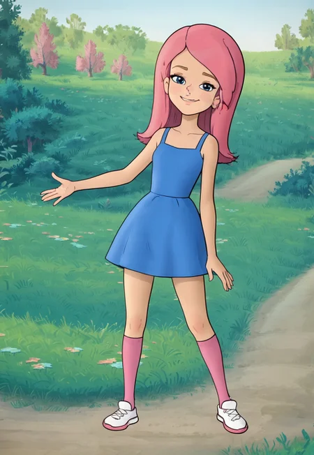 score_7, score_8, score_9, solo female, well drawn, detailed, 2d, flat colours, vector, line art, cartoon, 1girl, shorty girl, well drawn, detailed , prostokvashino, cartoon, olya, pink hair, bangs, snub nosed, huge blue eyes, eyelashes, thin hands, thin girl, thin legs, fit brawny body, perfect hands, perfect face, full body, smug smile, blue sundress, pink knee socks, white footwear, posing, 

outdoors, forest, looking at viewer, hand on chest, 