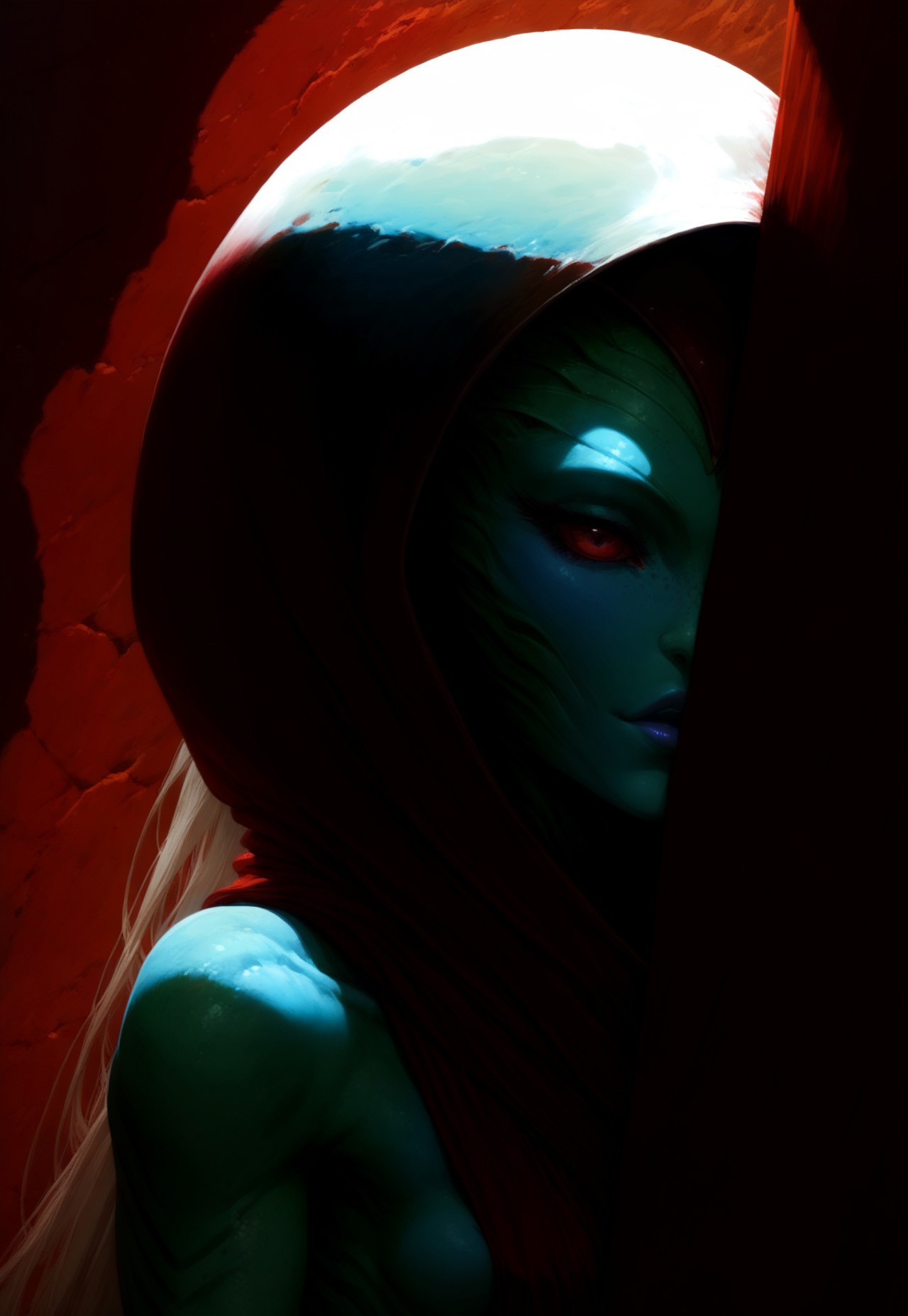 safe_pos, Expressiveh, score_9, score_8_up, score_7_up, extreme detail, detailed background, beautiful alien girl, alien planet, close up to face, close up, cute, multiple suns, red desert background, alien humanoid, small breasts, draped hood, draped silk, expansive vista, monster, ((very long hair)), colorful skin, textured skin, leaning on wall