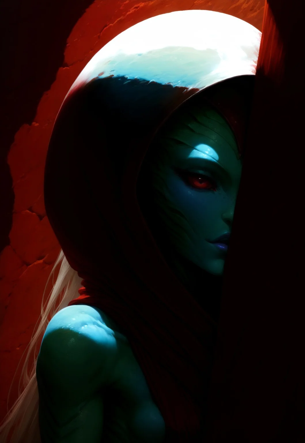 safe_pos, Expressiveh, score_9, score_8_up, score_7_up, extreme detail, detailed background, beautiful alien girl, alien planet, close up to face, close up, cute, multiple suns, red desert background, alien humanoid, small breasts, draped hood, draped silk, expansive vista, monster, ((very long hair)), colorful skin, textured skin, leaning on wall