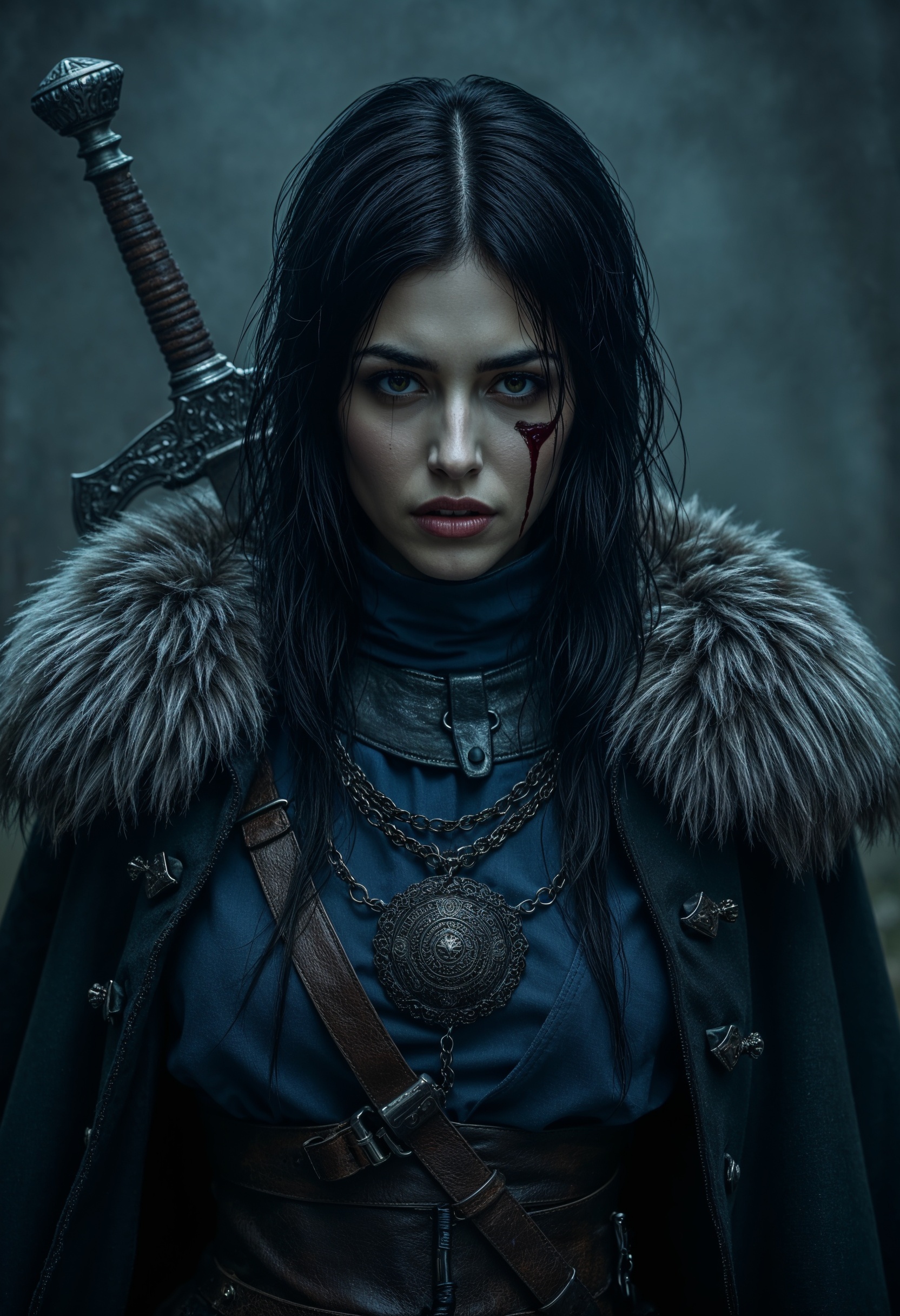 R3alism, a mysterious female warrior, cloaked in a detailed, gothic-style outfit. She wears a deep blue garment adorned with various leather straps and buckles, giving her a rugged, battle-ready appearance. The fur-lined mantle around her shoulders adds a touch of nobility and warmth, contrasting with the metallic shoulder plates that protect her. Her face is mostly obscured by long, dark, disheveled hair, which enhances the aura of mystery and danger surrounding her. The visible parts of her face show faint signs of wear and tear, with blood trickling from a cut near her cheek, suggesting recent conflict. Her lips are slightly parted, and her expression is stoic, with a cold, detached gaze barely visible through her hair. Around her neck, she wears a large pendant, an ornate and gothic piece that may hold some symbolic or magical significance. Behind her, a large sword is strapped to her back, the hilt barely visible, hinting at her role as a warrior. The overall atmosphere of the image is dark and ethereal, with a muted, blue-toned color palette that adds to the cold, almost haunting feel of the scene. The lighting is soft and moody, emphasizing the somber, gothic tone, and drawing attention to the intricate details of her attire. This character exudes both strength and mystery, seemingly prepared for battle but also deeply introspective, as though carrying the weight of her experiences.  <lora:FluxMythR3alism:1>