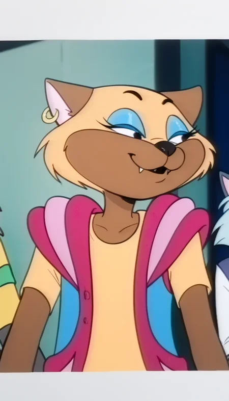 she-lion, furry, furry female, cat, solo, furry, animal ears, smile, upper body, earrings, furry female, jewelry, animal nose, body fur, shirt, makeup, closed mouth, eyeshadow, eyeliner, short sleeves, happy, blue eyeshadow, open clothes, 1girl, fang out, open vest, fang, cat ears, yellow shirt
