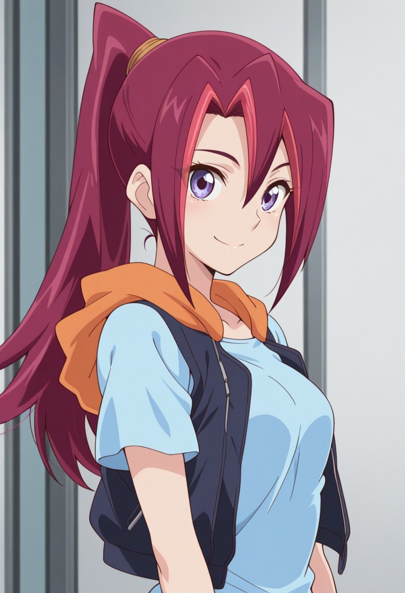 masterpiece,best quality,amazing quality, source_anime, 
KariTsukumo, 1girl, solo, purple eyes, red hair, long hair, ponytail, multicolored hair, shirt, blue shirt, short sleeves, jacket, hood, sleeveless jacket, smile, looking at viewer,