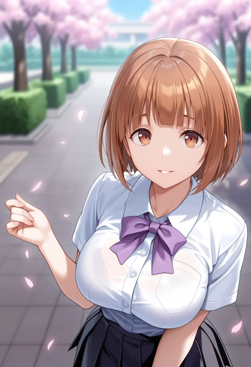 masterpiece, best quality, amazing quality,arino yayoi, brown eyes, brown hair, short hair, mature female, 1girl, breasts,solo, large breasts,school uniform,pleated skirt,white shirt, black skirt, purple bow,short sleeves, parted lips, light smile, standing, looking at viewer, cowboy shot, blurry background, outdoors, school, cherry blossoms<lora:arino yayoiV1:1>